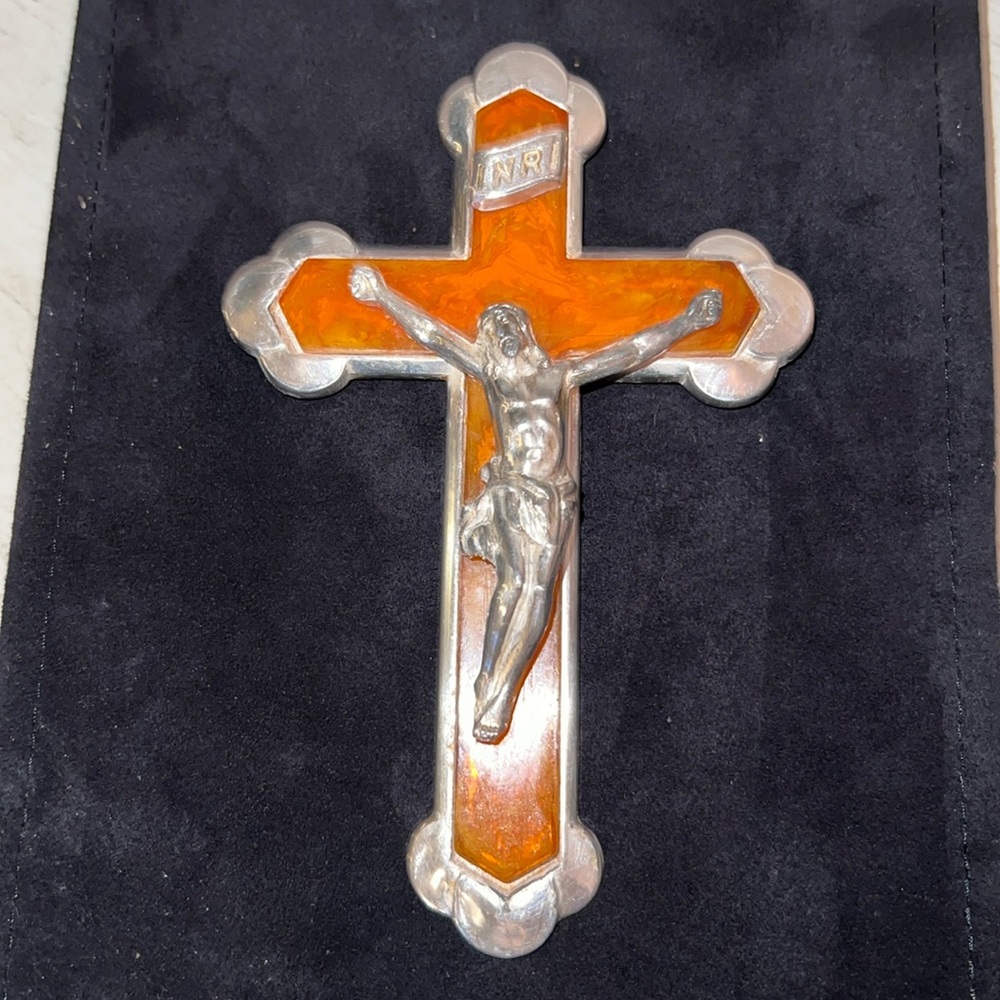 Vintage 30s/40s Butterscotch Bakelite Chrome plated Inri Crucifix wall hanging